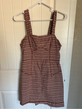 Anthropologie Brown and White Patterned Square-Neck Sleeveless Dress